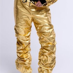 NWT AKIRA Clothing Shiny Gold Ruched Festival Streetwear Jogger Pants